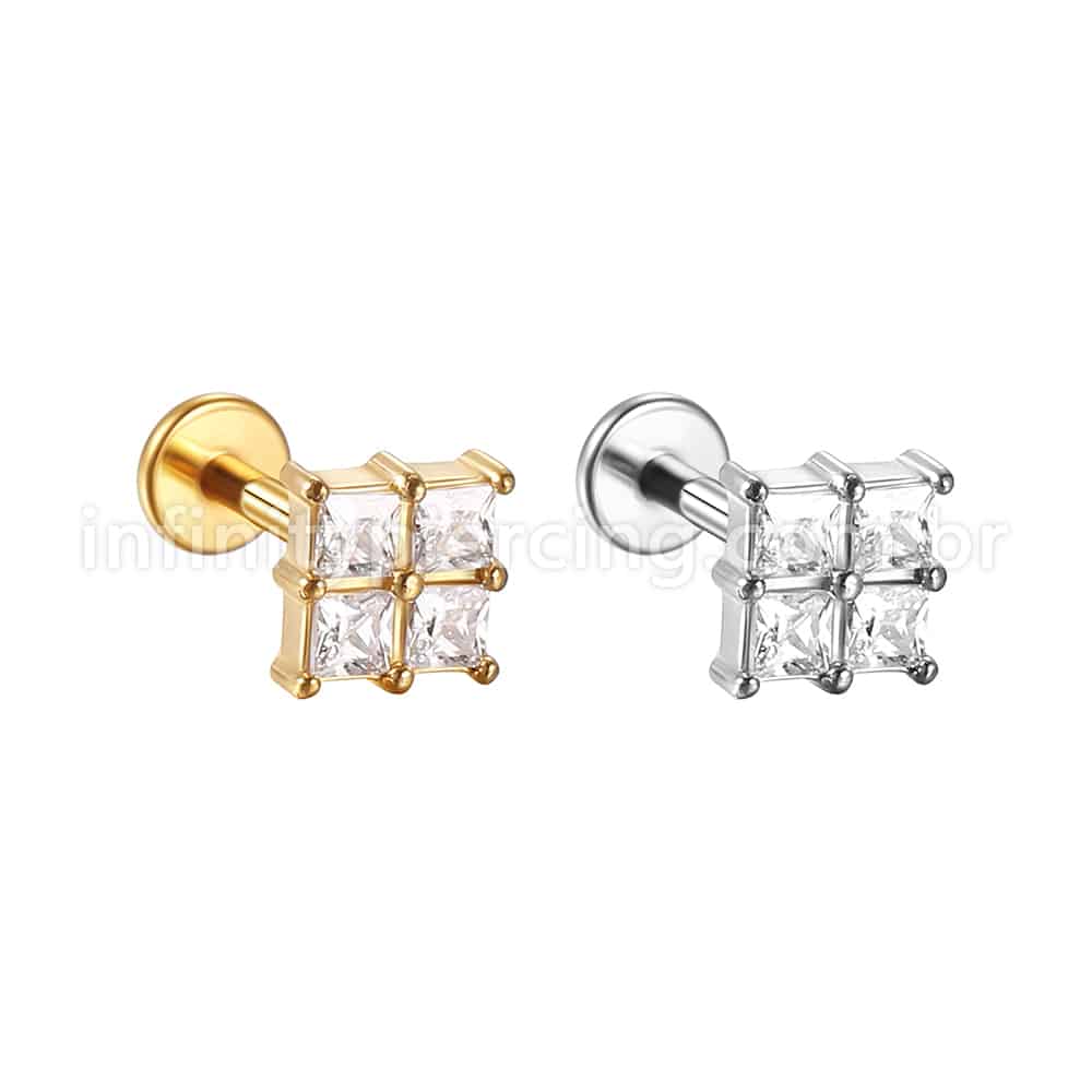 Piercing Labret Aço Cirúrgico Zircônia Cravejada Quadrada